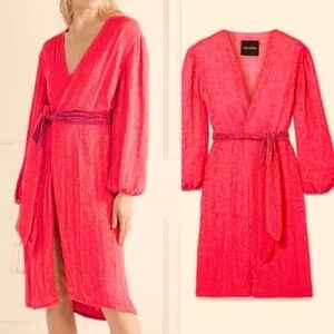 Retrofete AUDREY Velvet Trimmed Neon Hot Pink Sequined Wrap Dress XS $795